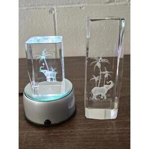 Set of 2 3D Laser Etched Elegant Crystal Elephants with single LED Base